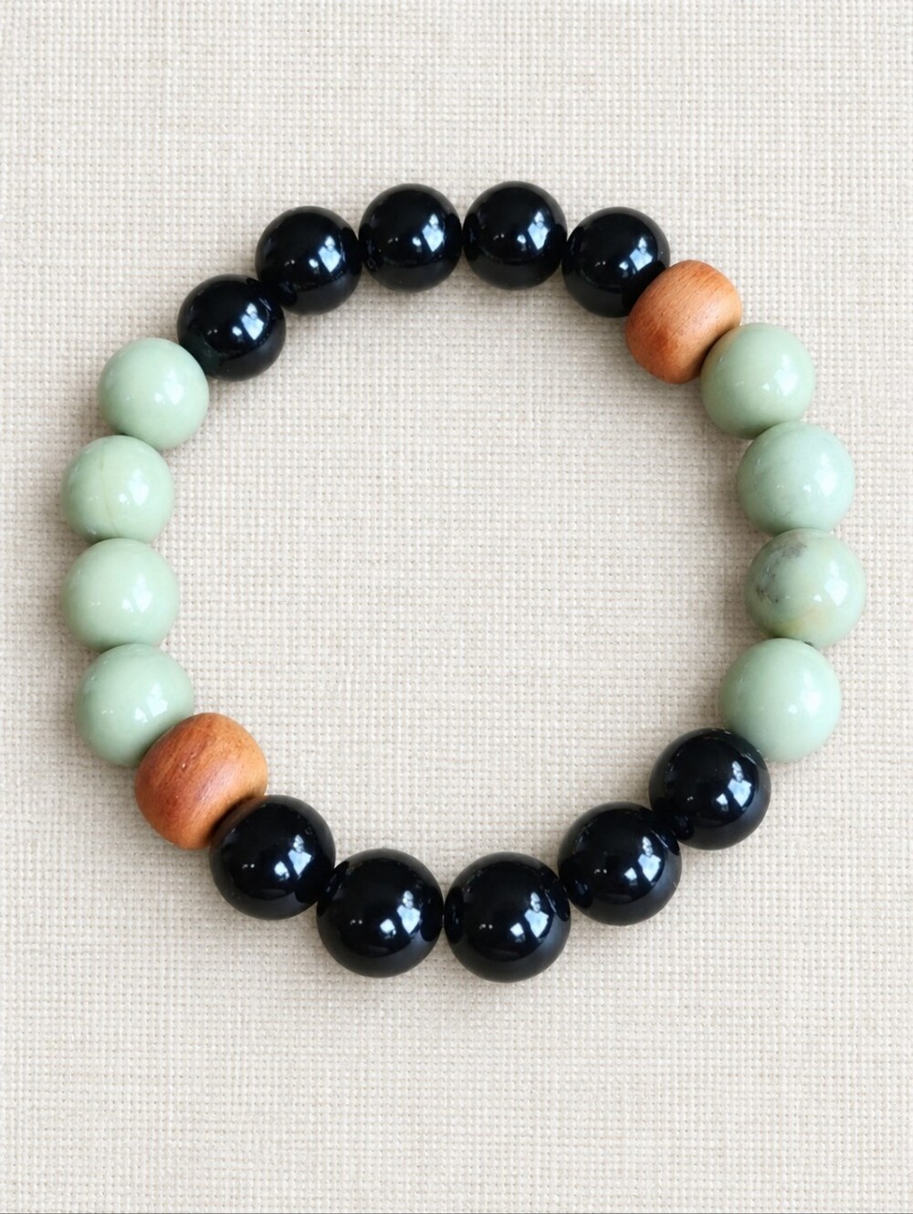 Green Alashan Agate & Black Onyx Beaded Stretch Bracelet | Handmade